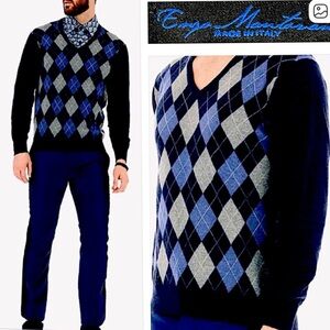 Enzo Mantovani Made In Italy 100% Cashmere Argyle V-Neck Sweater Pullover Size L